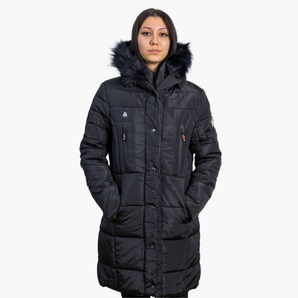 Abrigo Díaz Women Original Free Norway – Negro con Capucha de Pelo